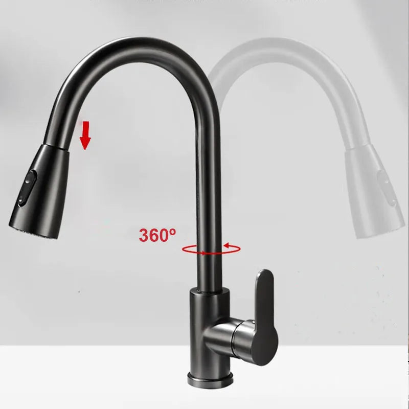 Stainless steel kitchen faucet single hole pull out spout kitchen sink mixer faucet flow spray head 360 swivel cleaning faucet
