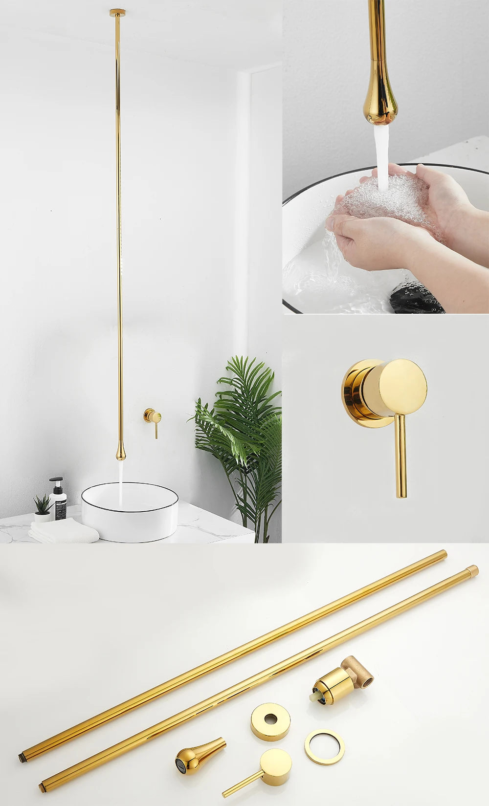 Water Drop Ceiling Mounted Bathroom Faucet Solid Brass Wall Mounted Hot Cold Water Sink Mixer Tap for Basin Bathtub