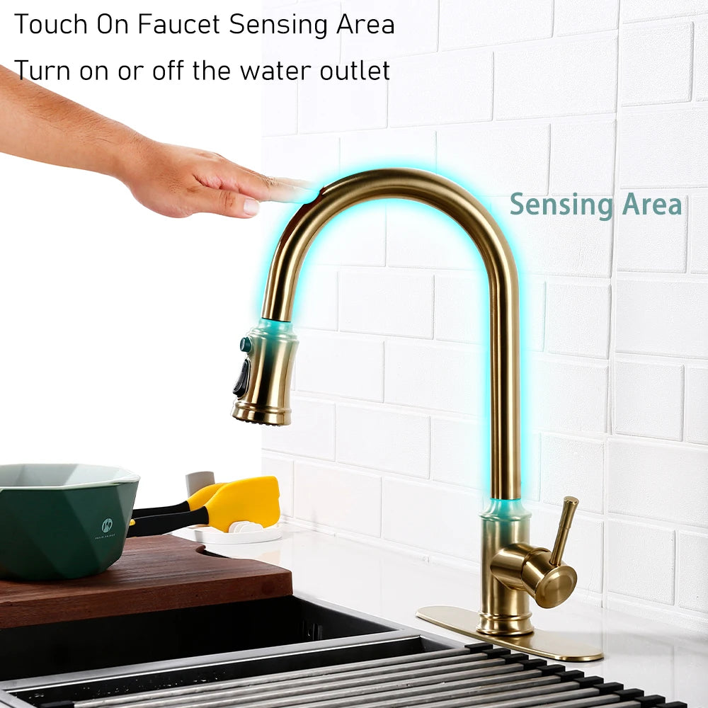 Touch Sensor Brushed Gold Brass Deck Mounted Kitchen Faucet 3 Function Single Handle Pull Out Mixer Hot and Cold Water Taps