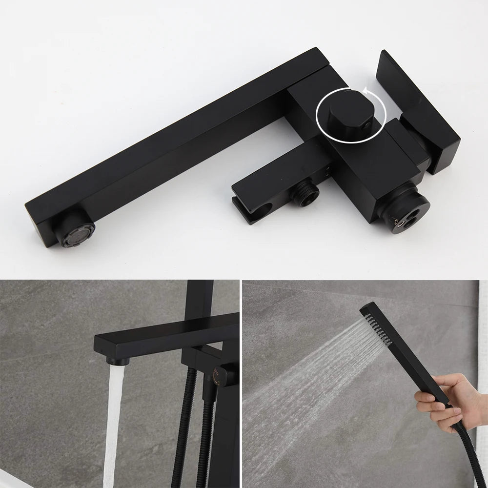 KEMAIDI Brass Freestanding Bathtub Shower Faucet Floor Tub Filler Mixer Tap 360 Degree Swivel Spout Shower Systerm Matte Black
