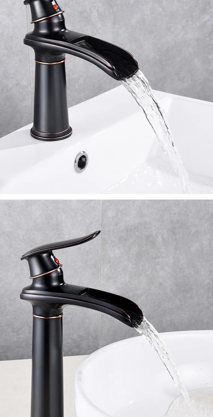 Luxury European-Style Antique Copper Waterfall Basin Faucet Home Bathroom Vanity Basin Hot & Cold Water Faucet