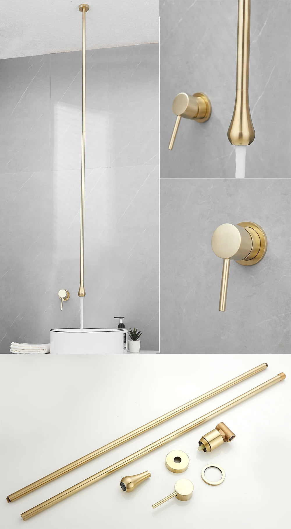 Water Drop Ceiling Mounted Bathroom Faucet Solid Brass Wall Mounted Hot Cold Water Sink Mixer Tap for Basin Bathtub