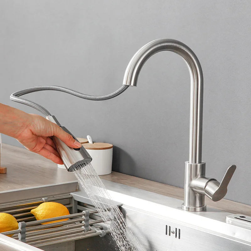 Stainless steel kitchen faucet single hole pull out spout kitchen sink mixer faucet flow spray head 360 swivel cleaning faucet