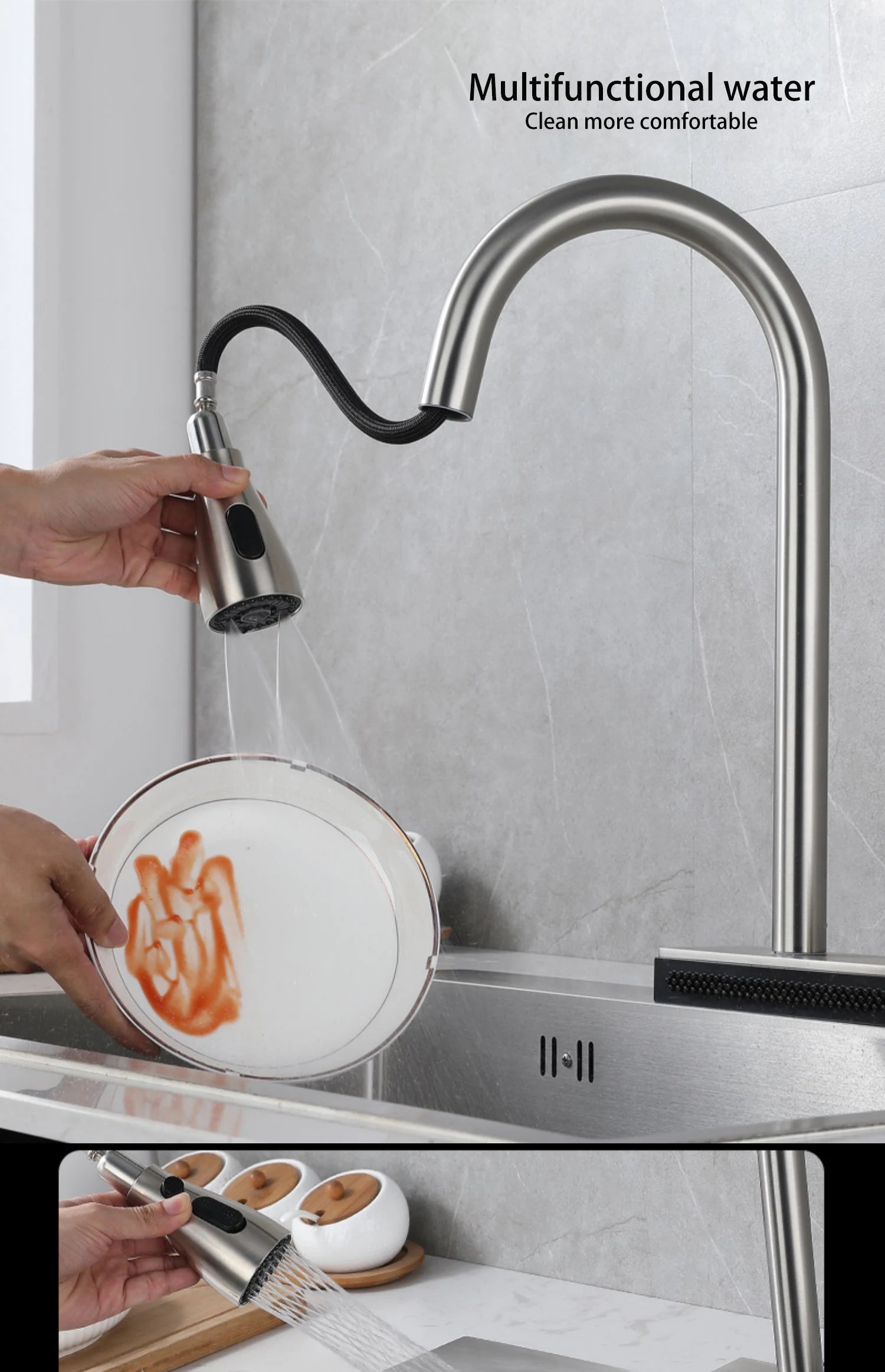 304 Stainless Steel Kitchen Waterfall Faucet Single-Hole Cold And Hot Water Faucet Can Rotate Multi-function Faucet