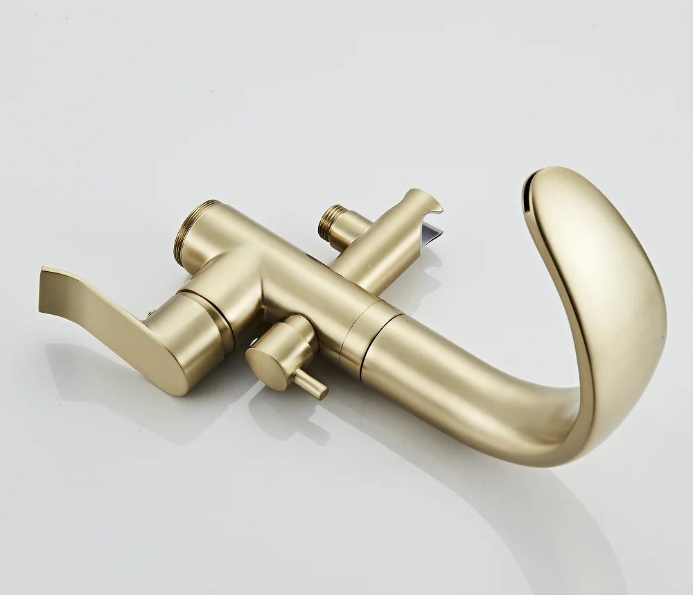 Black Bathtub Faucet Set Floor Decked Brushed Gold Brass Waterfall Bathtub Mixer Morden Style Gold Bathroom Taps