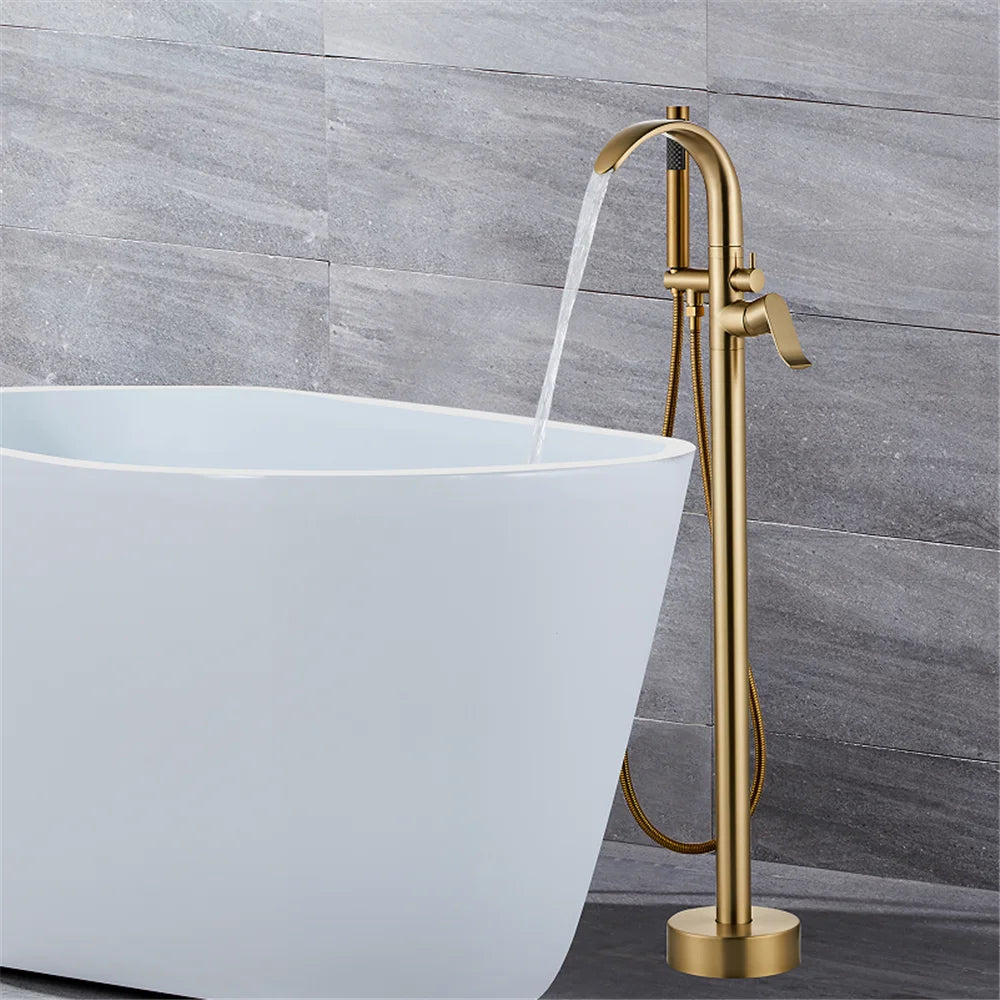 Black Bathtub Faucet Set Floor Decked Brushed Gold Brass Waterfall Bathtub Mixer Morden Style Gold Bathroom Taps