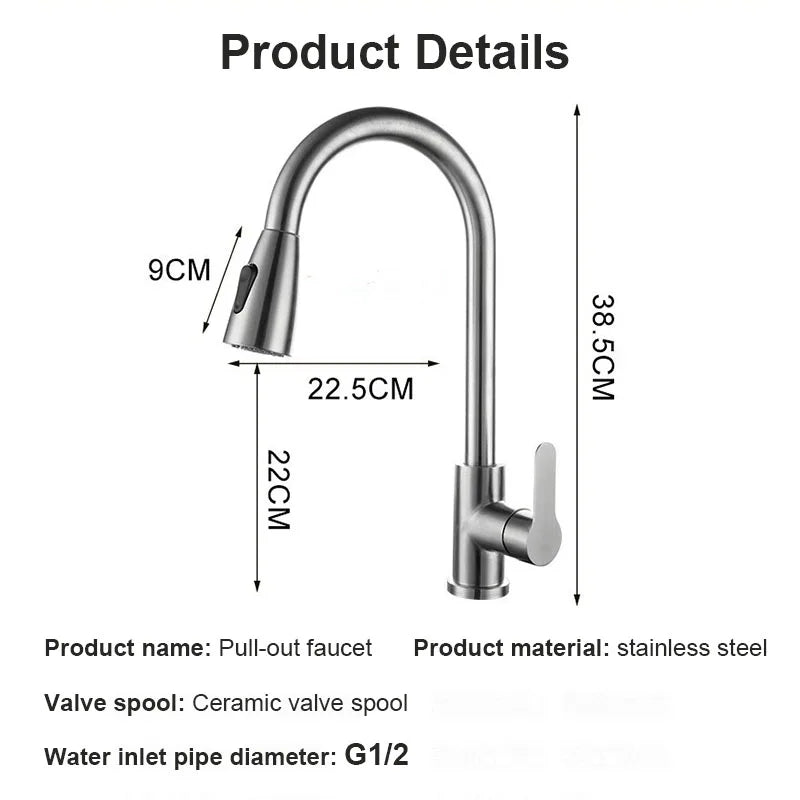 Stainless steel kitchen faucet single hole pull out spout kitchen sink mixer faucet flow spray head 360 swivel cleaning faucet