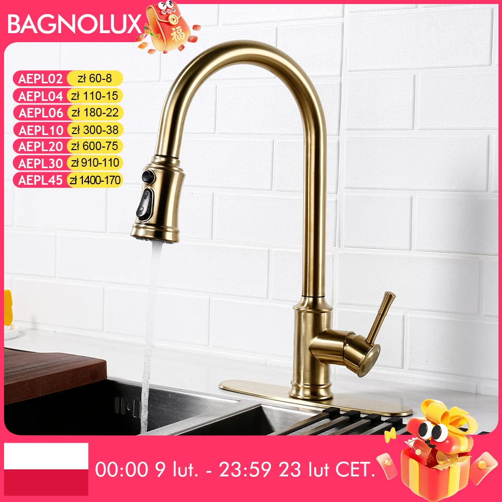 Touch Sensor Brushed Gold Brass Deck Mounted Kitchen Faucet 3 Function Single Handle Pull Out Mixer Hot and Cold Water Taps