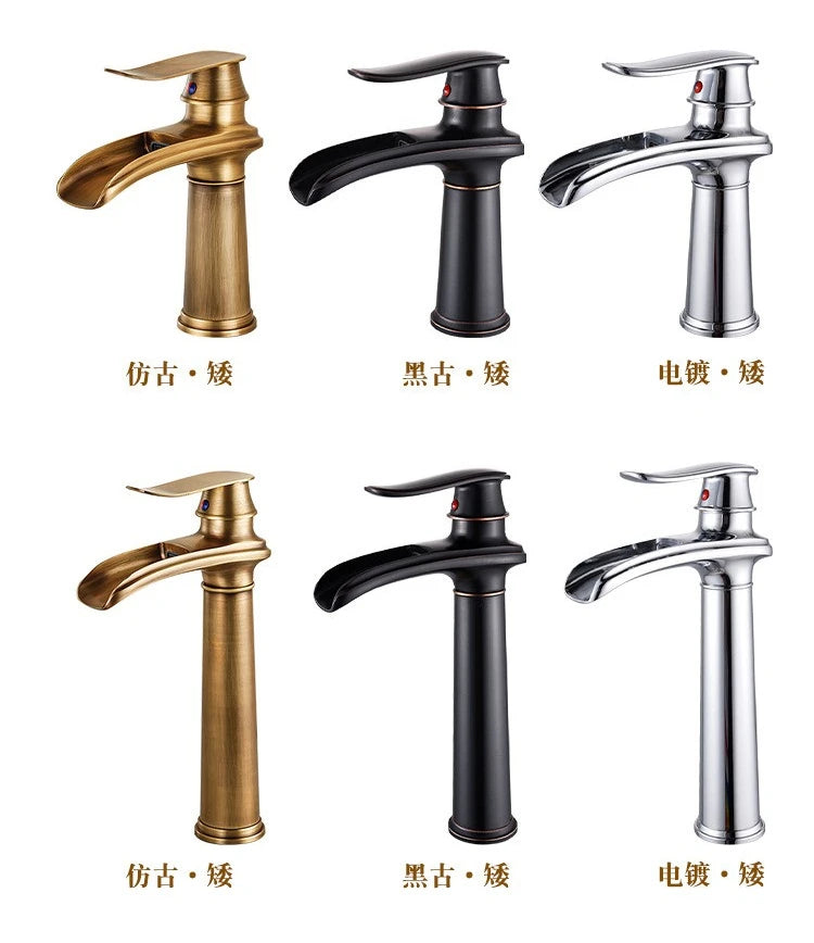 Luxury European-Style Antique Copper Waterfall Basin Faucet Home Bathroom Vanity Basin Hot & Cold Water Faucet