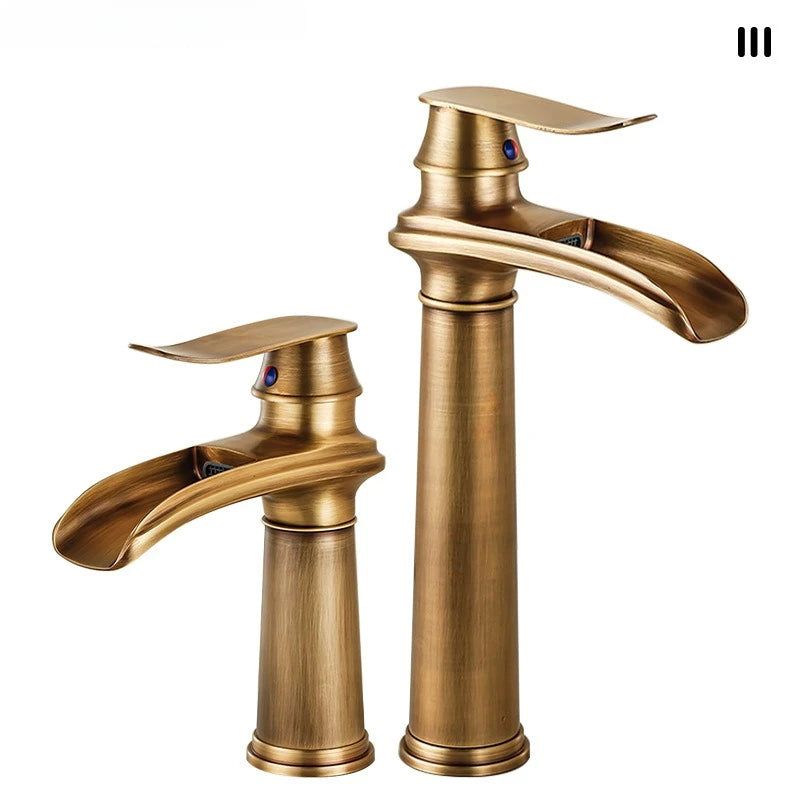 Luxury European-Style Antique Copper Waterfall Basin Faucet Home Bathroom Vanity Basin Hot & Cold Water Faucet
