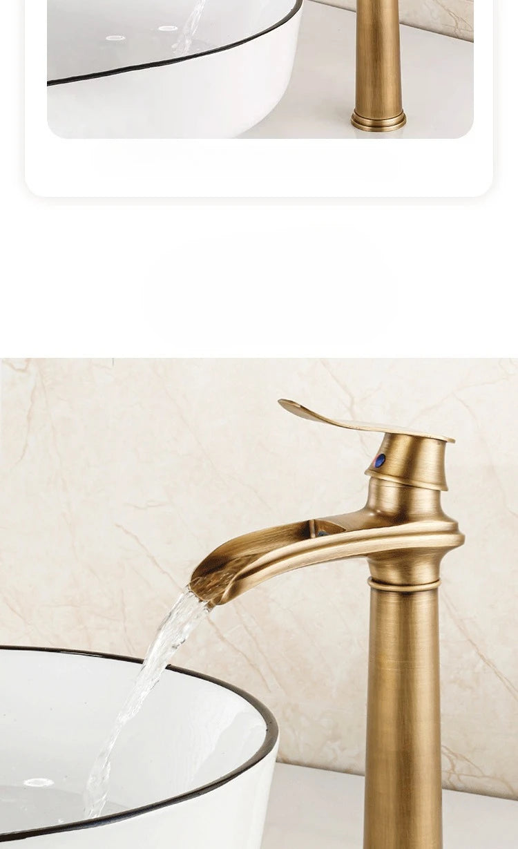 Luxury European-Style Antique Copper Waterfall Basin Faucet Home Bathroom Vanity Basin Hot & Cold Water Faucet