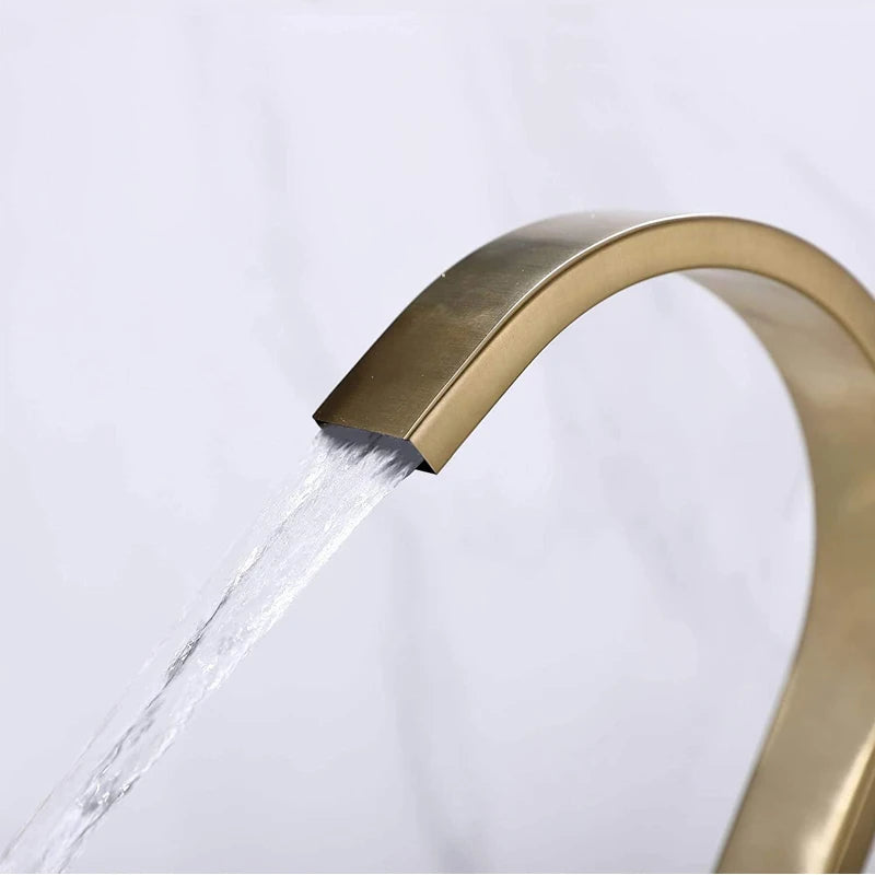 Brushed Gold Floor Mounted Bathtub Faucet Shower Faucet Waterfall Spout Free Standing Tub Mixer Tap