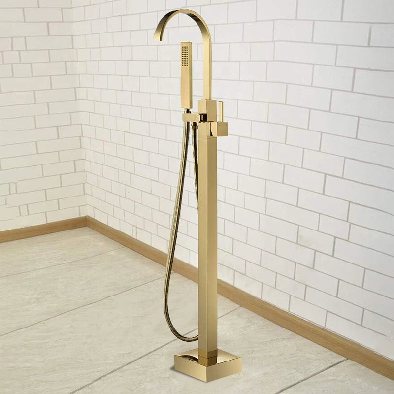 Brushed Gold Floor Mounted Bathtub Faucet Shower Faucet Waterfall Spout Free Standing Tub Mixer Tap