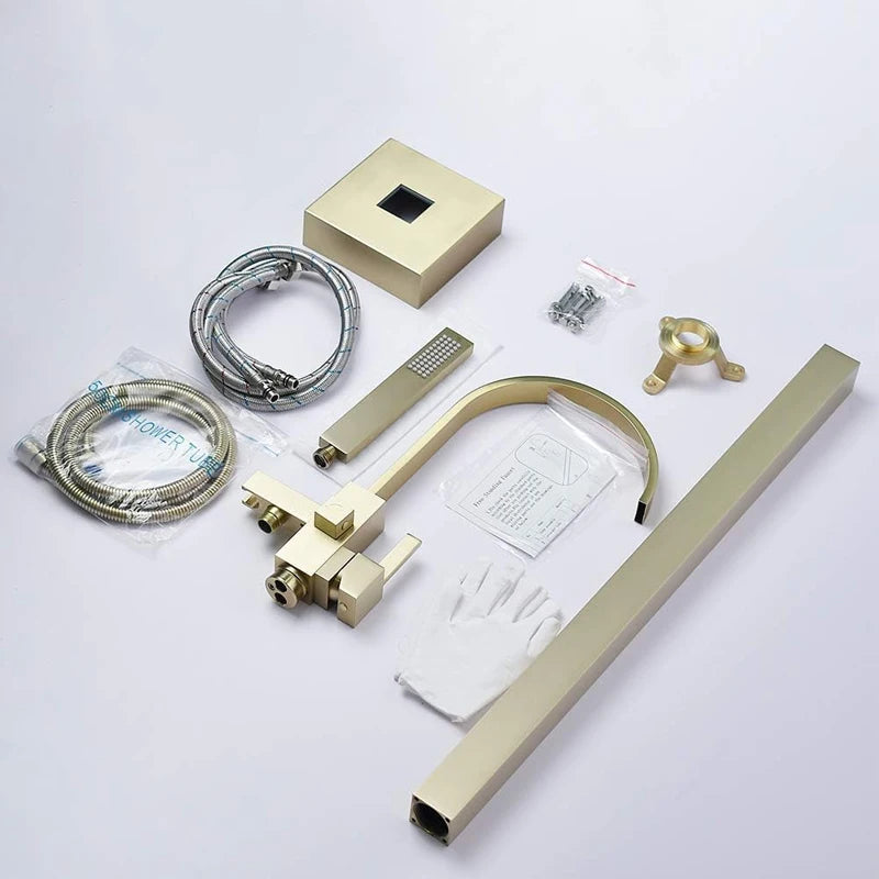 Brushed Gold Floor Mounted Bathtub Faucet Shower Faucet Waterfall Spout Free Standing Tub Mixer Tap